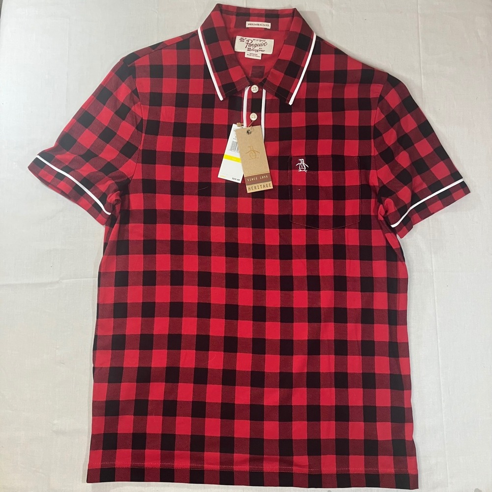Original Penguin Mens Heritage Slim Fit Polo Shirt Red Black Buffalo Plaid M NWT